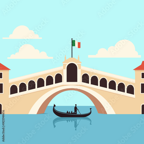 Minimalist vector of a gondola under a Venetian bridge with the Italian flag. Flat design representing Venice's iconic architecture and canals