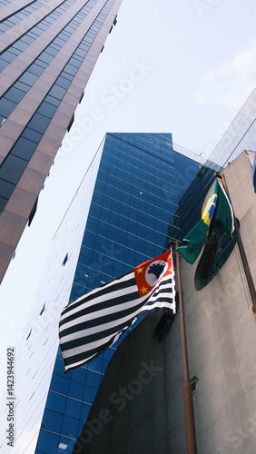 Wallpaper Mural Photo of São Paulo and Brazil flags on a pole at Avenida Paulista, captured from a low angle with classic São Paulo city buildings in the background. Torontodigital.ca