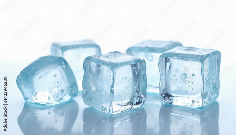 Clear ice cubes scattered on a reflective surface with soft lighting, evoking a cool atmosphere Clear ice cubes scattered on a reflective surface with soft lighting, evoking a cool atmosphere