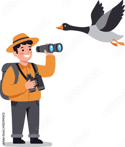 Birdwatcher observing flying goose with binoculars in nature outdoor exploration vector illustration 