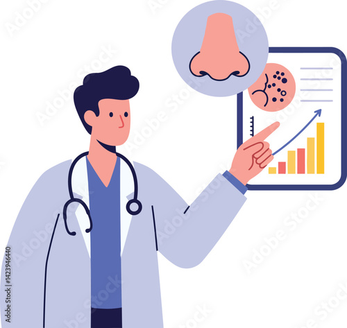 Doctor presenting nasal health chart and infection symptoms vector illustration medical concept 