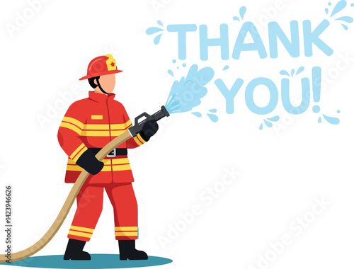 Firefighter spraying water hose with thank you text in blue water splash vector illustration 