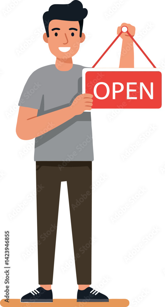 Young man holding open sign standing smiling casual outfit vector illustration Young man holding open sign standing smiling casual outfit vector illustration