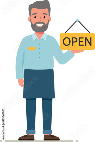 Male Shopkeeper Holding Open Sign Vector Illustration with Smiling Expression 