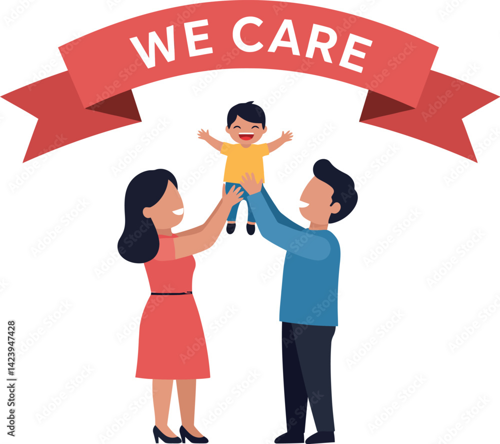 Naklejka premium Family caring child with red we care banner illustration vector art 