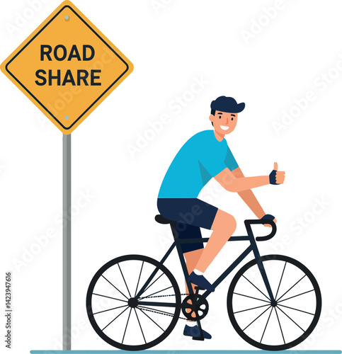 Man Riding Bicycle Giving Thumbs Up Near Road Share Traffic Sign Vector Illustration 