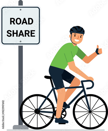 Man Riding Bicycle Giving Thumbs Up Near Road Share Sign Vector Illustration 