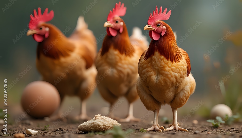 Fototapeta premium Three Roosters and a Hen in a Rural Setting