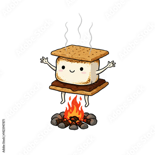 Cute s'more cartoon character roasting over campfire dessert sweet treat food