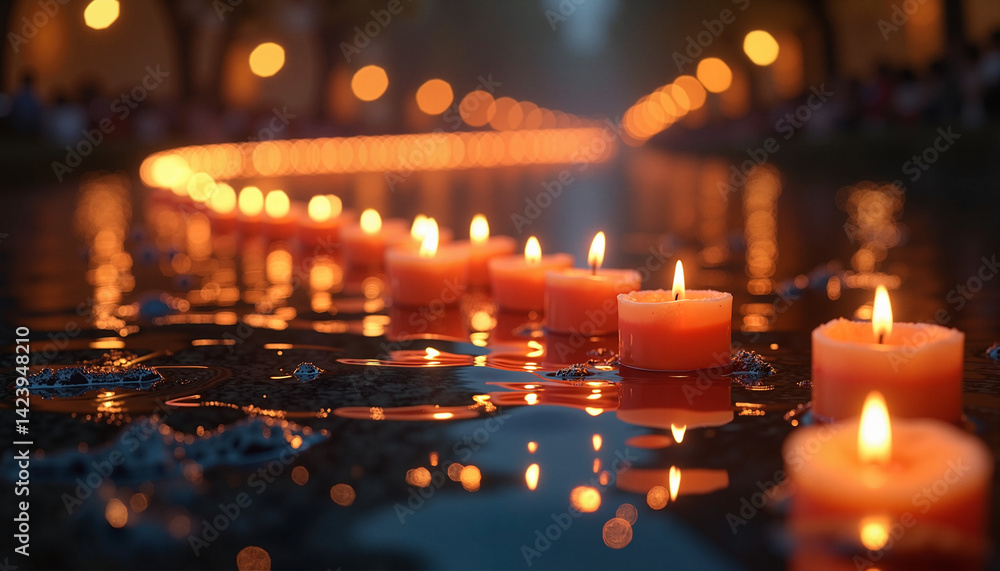 Floating candles on river at night with warm reflections Floating candles on river at night with warm reflections