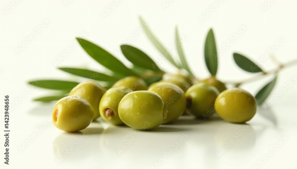 Fresh green olives with leaves arranged elegantly on a white surface, highlighting their natural beauty Fresh green olives with leaves arranged elegantly on a white surface, highlighting their natural beauty