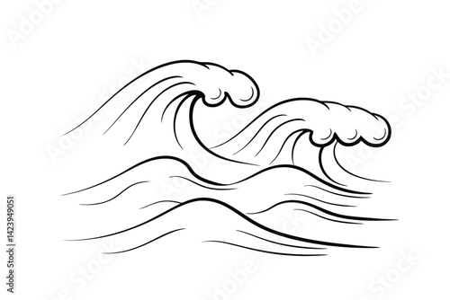 Ocean wave line art illustration simple black and white coastal design element