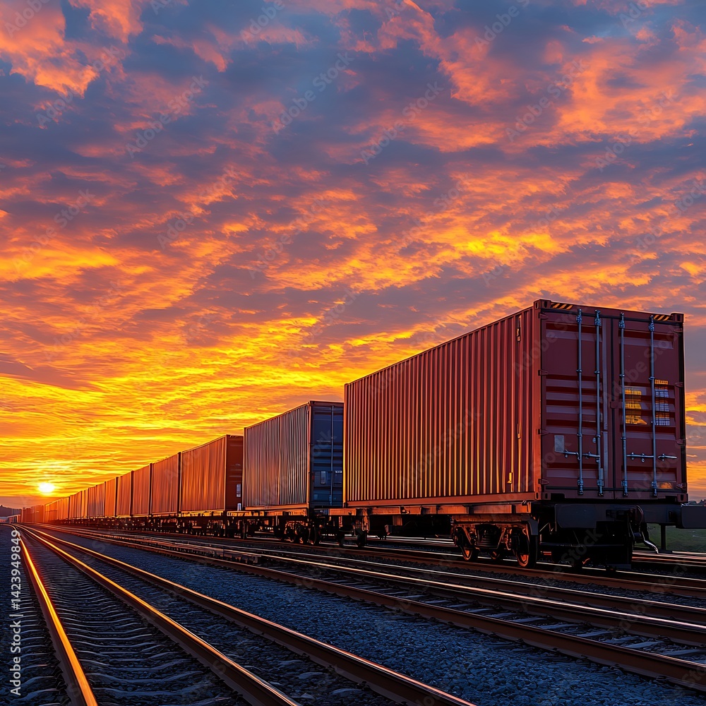 Fototapeta premium Freight Train Sunset Landscape