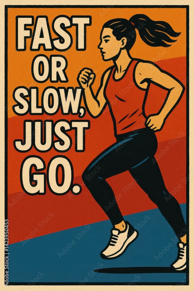 Obraz premium Illustration of runner in motion with motivational text fast or slow, just go