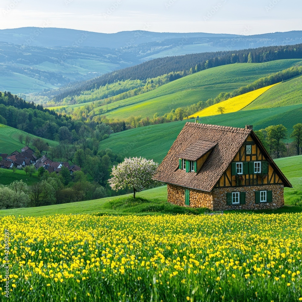 Idyllic rural scene with farmhouse nestled in vibrant spring meadows Idyllic rural scene with farmhouse nestled in vibrant spring meadows