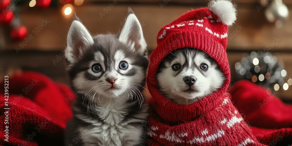 Cute puppies in festive attire with cozy blankets and holiday decorations during winter celebration Cute puppies in festive attire with cozy blankets and holiday decorations during winter celebration