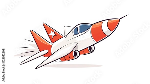 Cartoon red jet plane flying fast with a smiling face, isolated on a white background.  