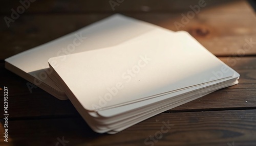 Stacked blank cards resting on a wooden table illuminated by soft sunlight, creating a serene atmosphere