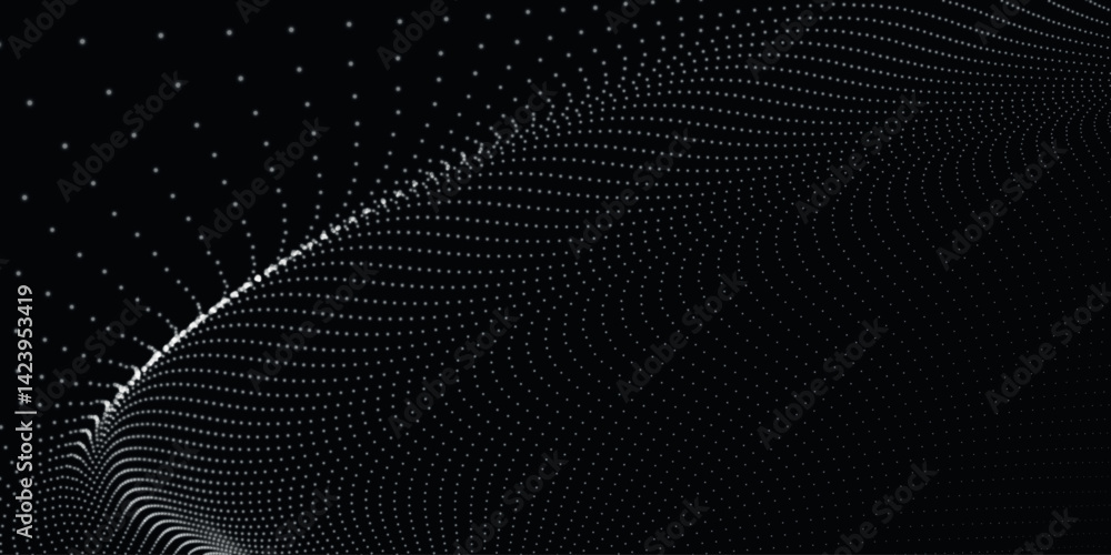 Futuristic dot wave. Abstract digital particle wave. Black and white music wave. Dark background. Digital background with smooth wavy curves. 3D vector illustration Futuristic dot wave. Abstract digital particle wave. Black and white music wave. Dark background. Digital background with smooth wavy curves. 3D vector illustration