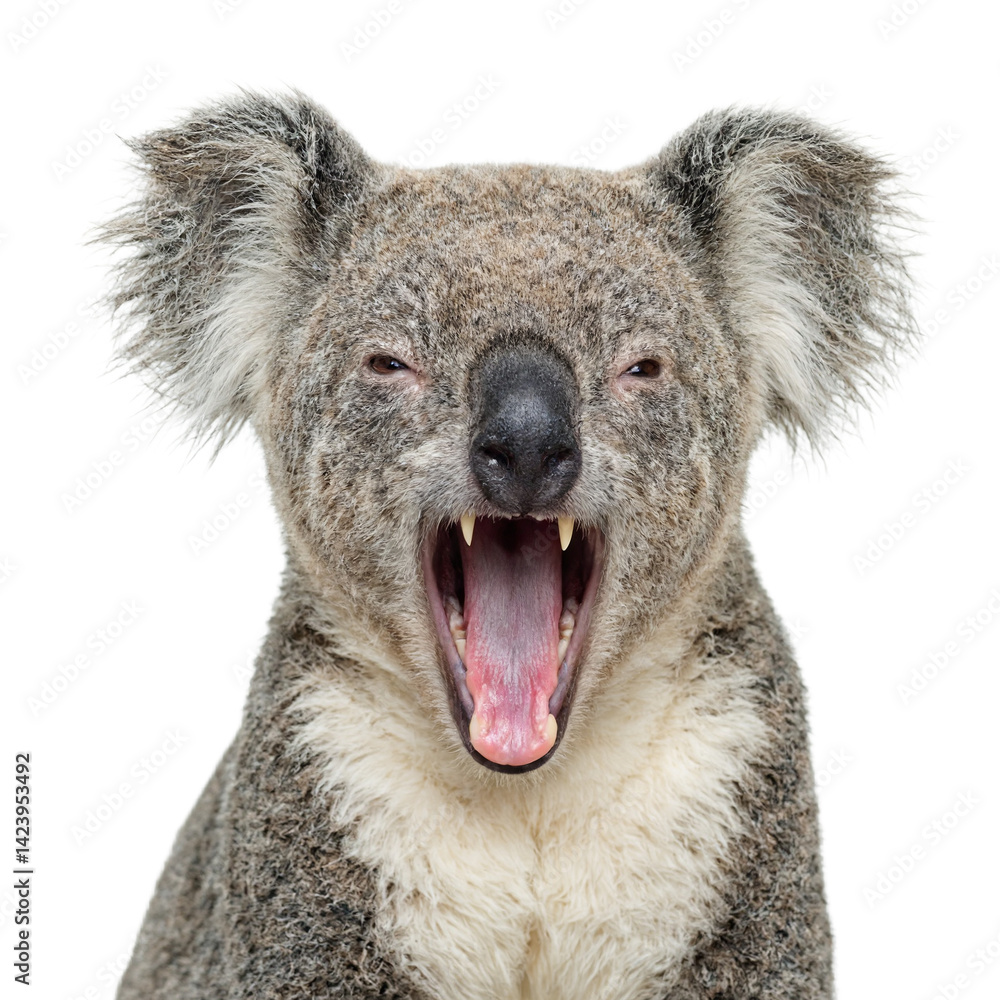 Obraz premium Isolated adorable koala yawning displaying tiny teeth