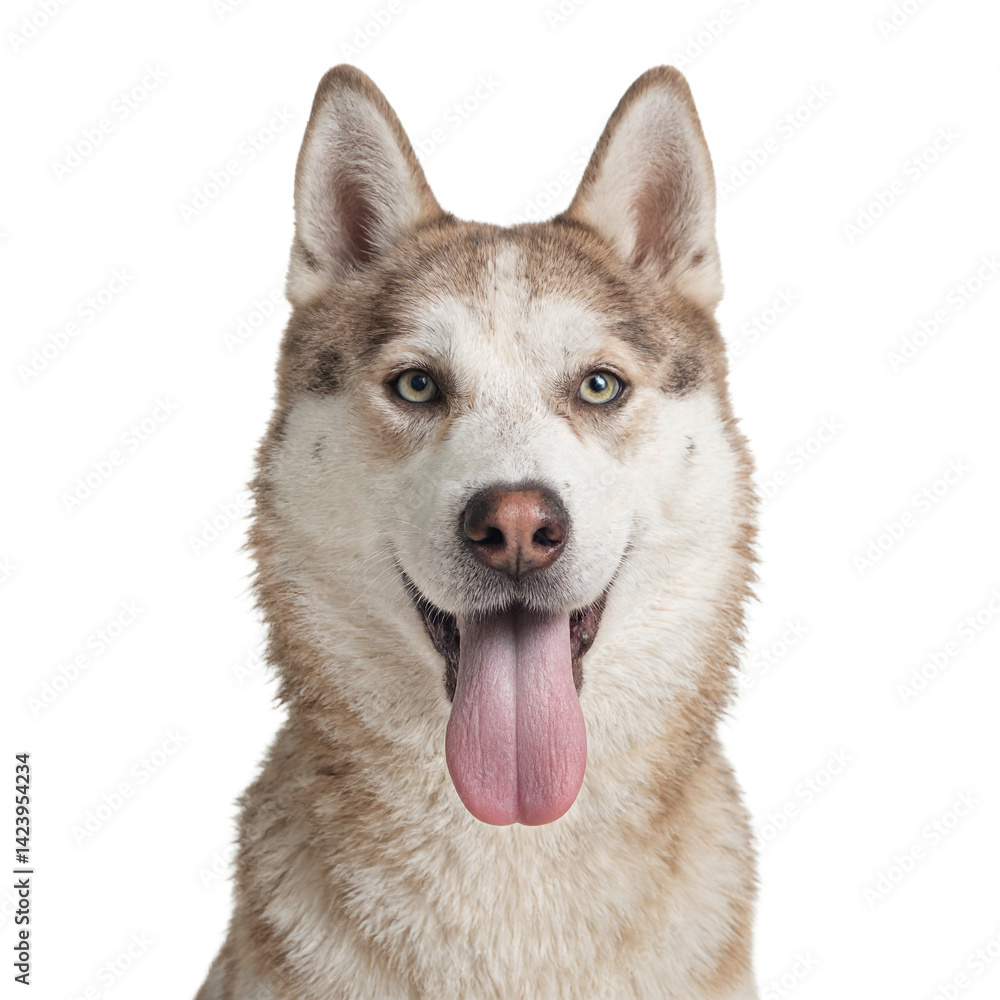 Fototapeta premium Cheeky husky dog headshot with tongue sticking out isolated on white background