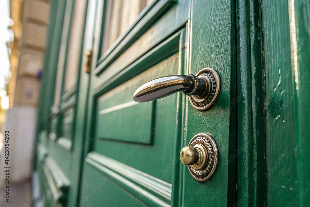 Obraz premium A close up of a door handle on a green door. AI generative image.