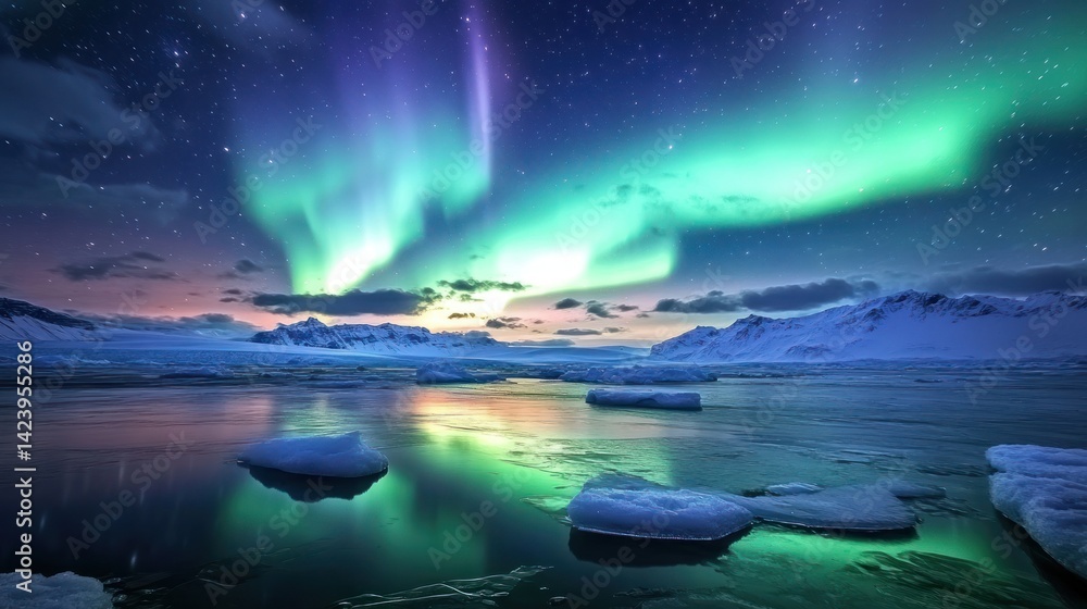 Naklejka premium Aurora Borealis over Frozen Arctic Landscape: A Night of Enchanting Lights