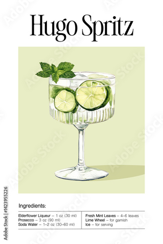 Glass of Hugo Spritz cocktail with ice, lime wheels and mint leaves on light green background. Watercolor illustration of refreshing summer drink. Summer cocktail and aperitif concept.