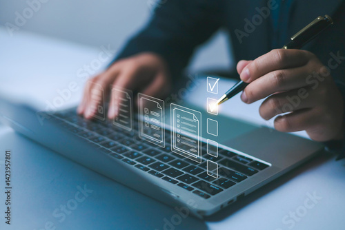 Business performance checklist concept, Businessman using laptop take an assessment, An businessman checklist online survey filling form list options business employee security procedures.