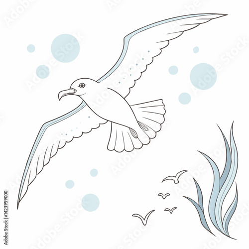 Seagull Soaring Over Sea Grass With Smaller Birds And Bubbles Illustration