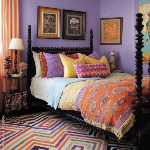 Vibrant bedroom with colorful textiles