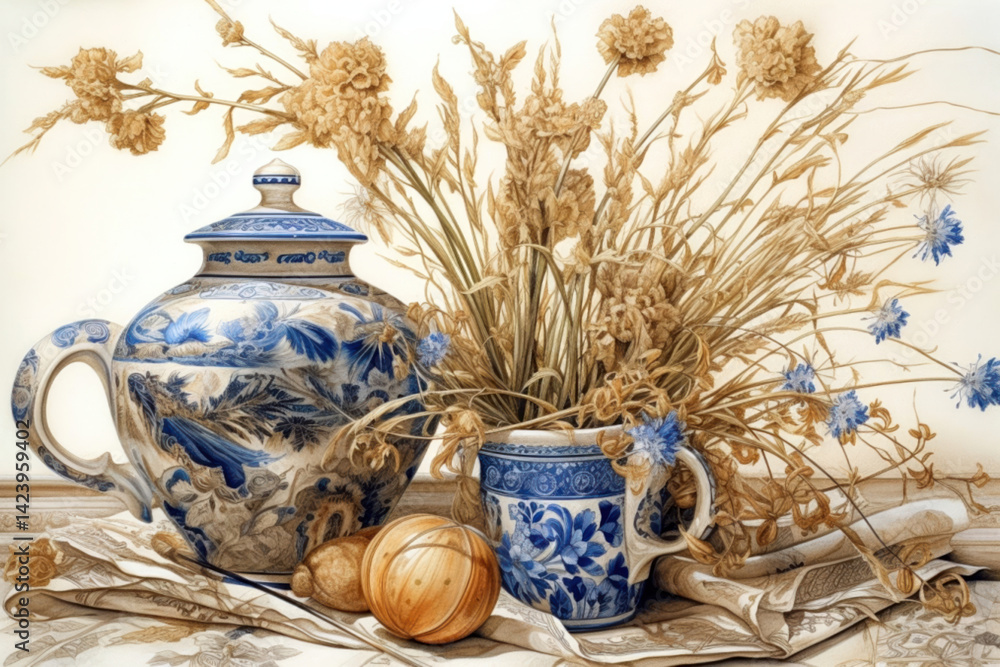 still life with blue dishes and flowers, watercolor. Generative AI