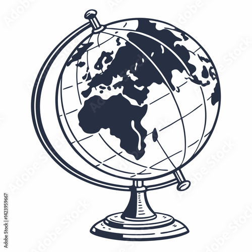 Globe With Stand Line Art Depicting World Continents Vector Illustration
