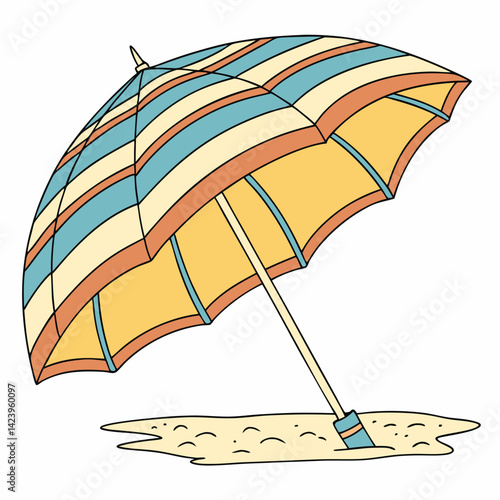 Beach Umbrella With Colorful Stripes On Sand Minimalist Summer Illustration