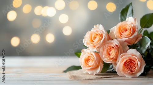 Fototapeta Naklejka Na Ścianę i Meble -  A captivating image of peach roses resting on a table, beautifully offset by a bokeh background, creating a magical atmosphere filled with warmth and elegance.