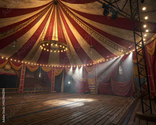 Circus tent interior big top stage lights chandelier vintage red and white stripes