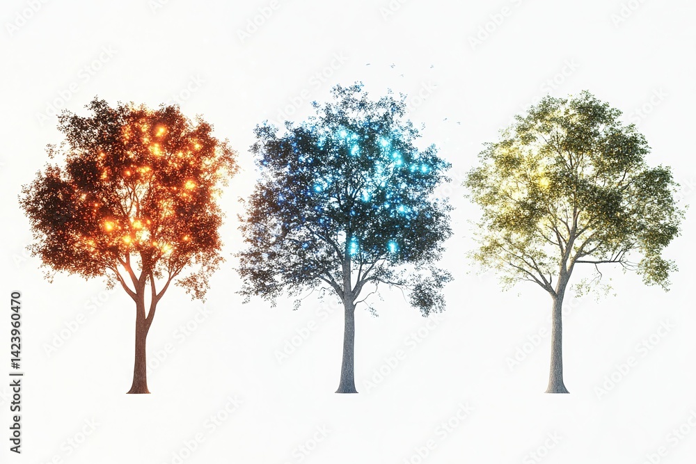Three trees with different colors and one of them is orange. , isolated on white background. Three trees with different colors and one of them is orange. , isolated on white background.