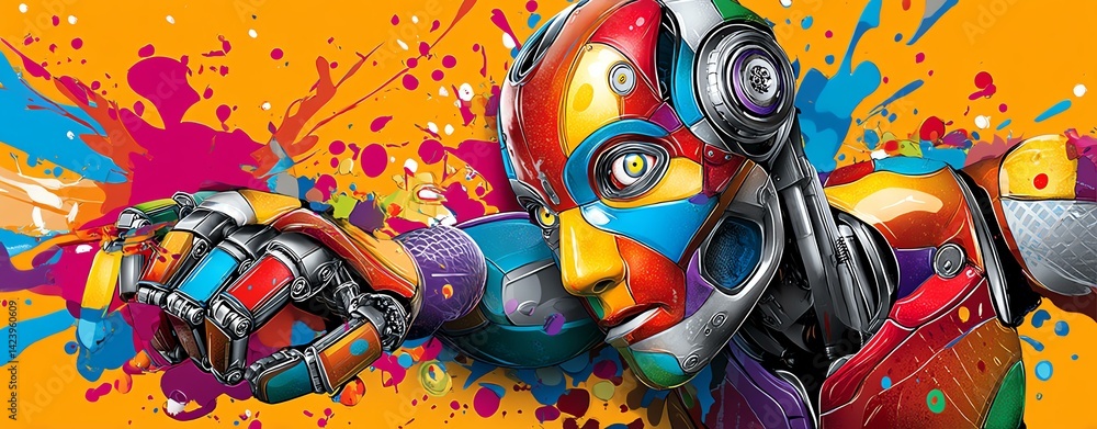 creative idea generation creative mindset vision A vibrant, colorful robotic figure engages with splashes of paint, symbolizing creativity and innovation in technology. creative idea generation creative mindset vision A vibrant, colorful robotic figure engages with splashes of paint, symbolizing creativity and innovation in technology.