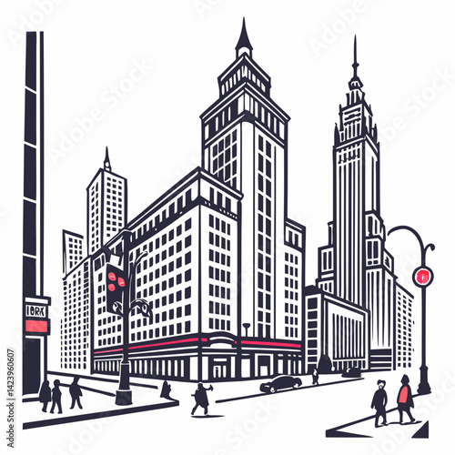 New York City Skyline With People And Buildings Vector Illustration Graphic