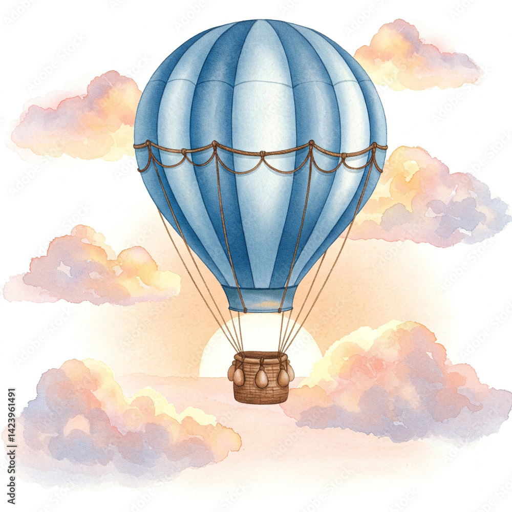 Fototapeta premium Blue Hot Air Balloon Watercolor Illustration at Sunset with Mountains in Whimsical Style