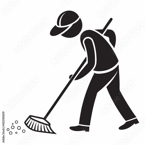 Janitor Sweeping Floor With Broom Stick Figure Housekeeping Simple Icon