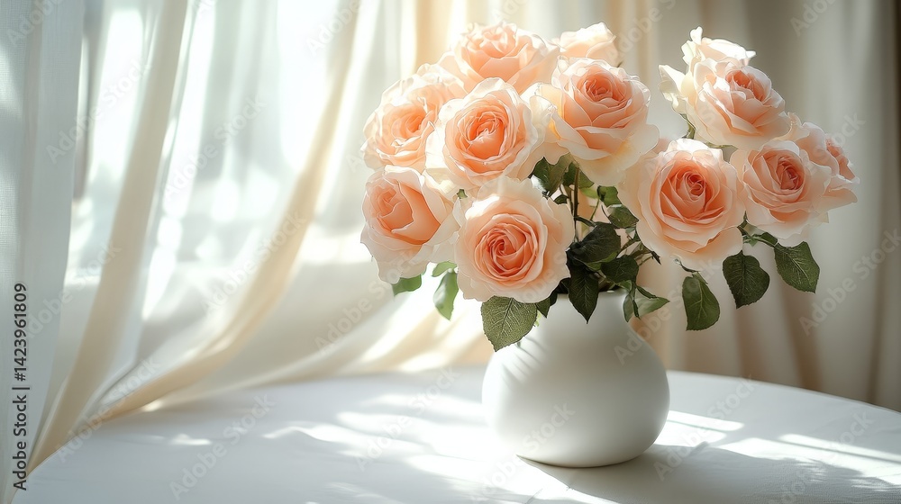 Elegant Pink Roses in a White Vase on a Minimalist Table Elegant Pink Roses in a White Vase on a Minimalist Table