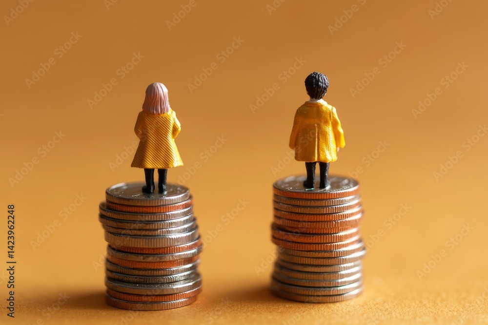 Miniature figures on coin stacks, gender equality