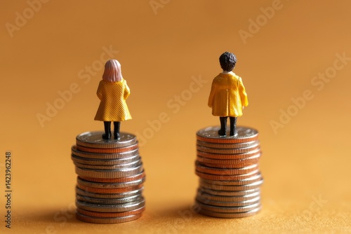 Obraz na płótnie Miniature figures on coin stacks, gender equality w salonie