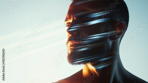 Intense light streaks through the face of a determined man, futuristic
