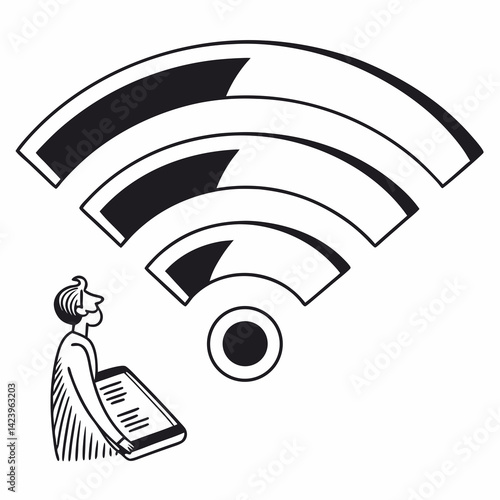 Man Holding Device Looking At Wifi Signal Strength Illustration In Black And White
