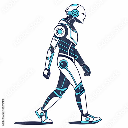 Modern Cartoon Robot Walking On White Background Futuristic Ai Concept