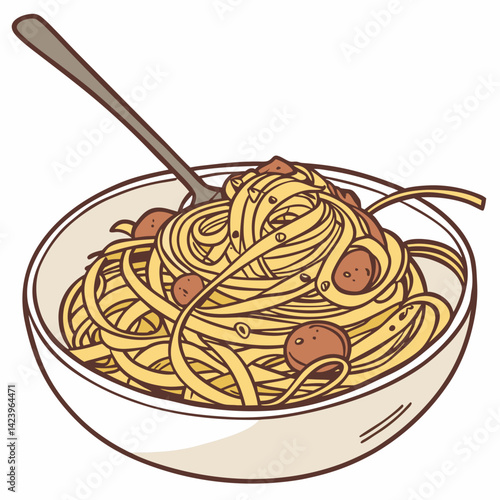 Hand Drawn Bowl Of Spaghetti With Meatballs And Fork Illustration