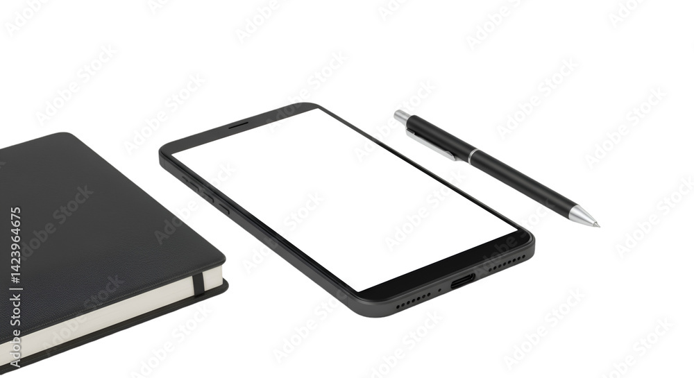 Black smartphone notebook pen mockup Black smartphone notebook pen mockup