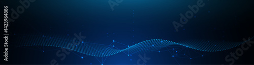 Vector illustration abstract technology with molecule, Flowing dot particle wave flow line, wireframe and dot on blue background. Datum technology network, science, artificial intelligence concept